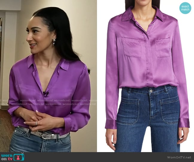 Frame Textured Silk Pocket Shirt in Orchid worn by Morgan Radford on NBC News Daily