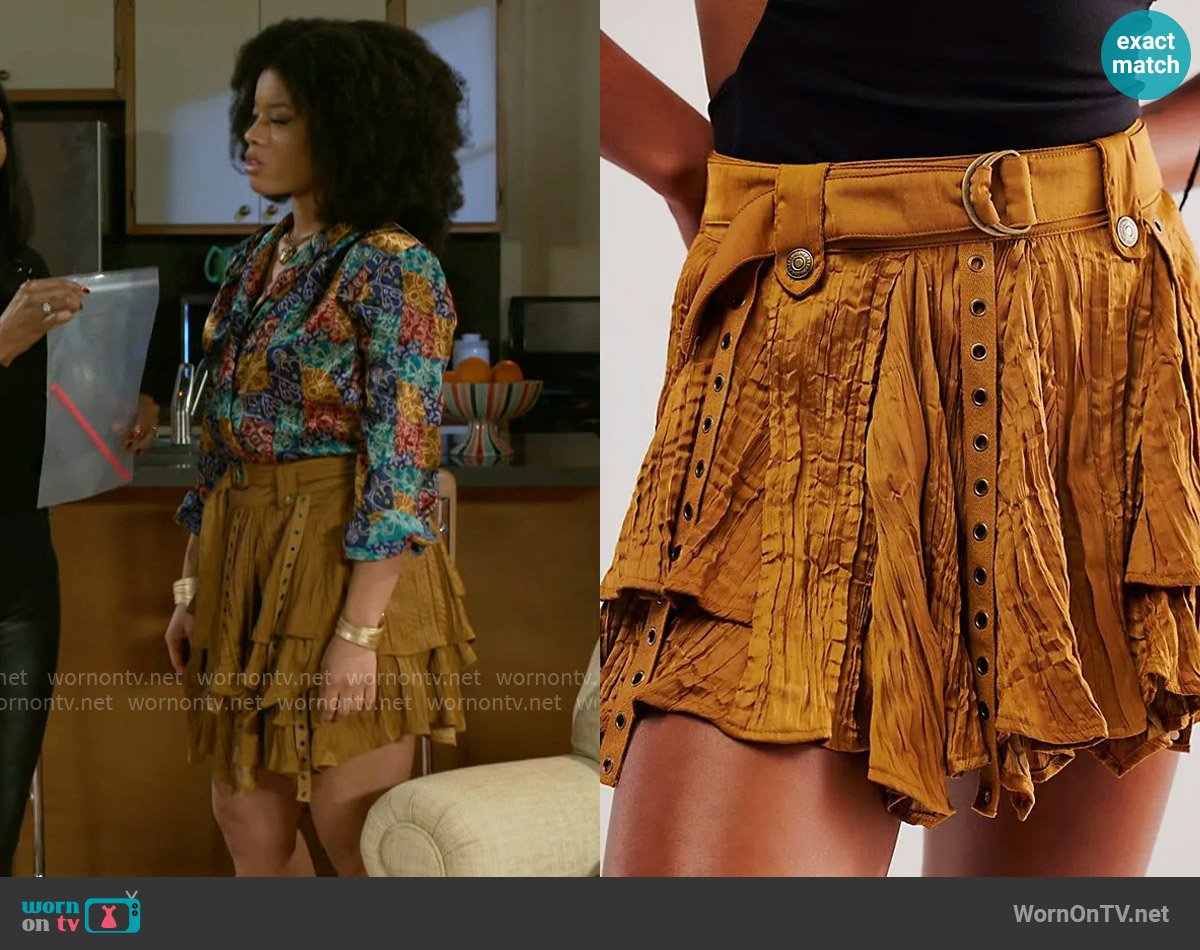 Free People Rue Skirt in Golden Brown worn by Eva Thomas (Ambyr Michelle) on Beyond the Gates