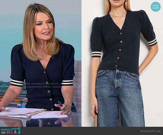 G. Label Keenan Striped Short-Sleeve Cardigan worn by Savannah Guthrie on Today