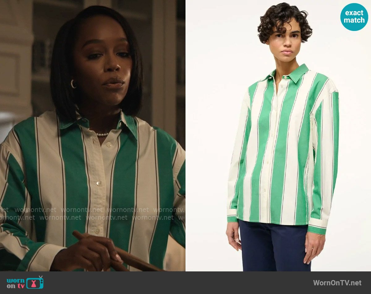 Staud Kelly Shirt in Bungalow Stripe worn by Catherine (Aja Naomi King) on Grosse Pointe Garden Society