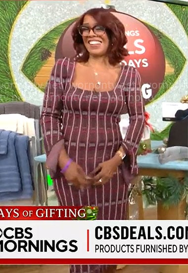 Gayle King's burgundy check dress on CBS Mornings