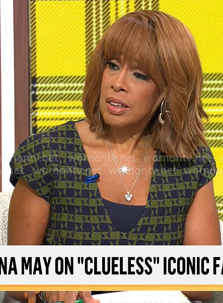 Gayle King's olive and navy geometric print dress on CBS Mornings