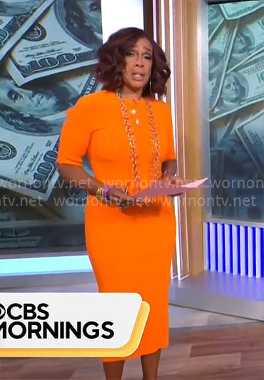 Gayle King's orange rib knit dress on CBS Mornings