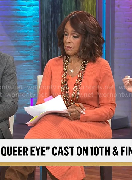 Gayle King's orange rib knit v-neck dress on CBS Mornings