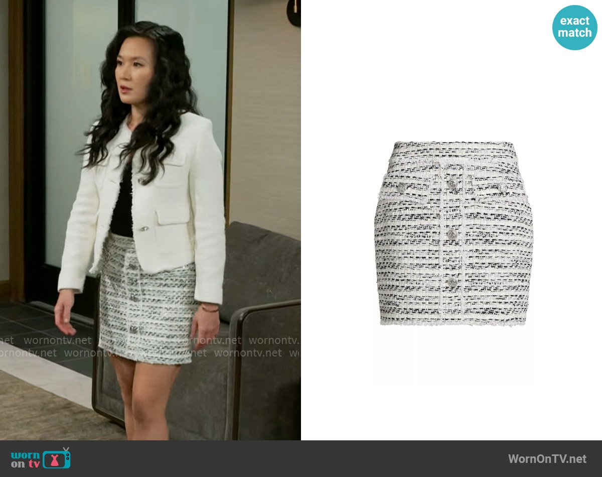 Generation Love Sandra Tweed Miniskirt worn by Caroline Lee (Ellie Wang) on Beyond the Gates