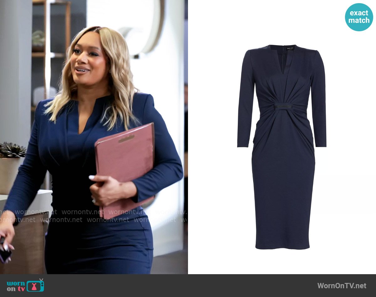 Fatima’s navy split-neck sheath dress on Tyler Perrys Sistas