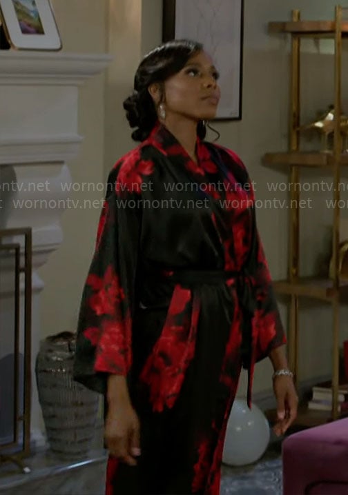 Hayley’s black and red floral robe on Beyond the Gates