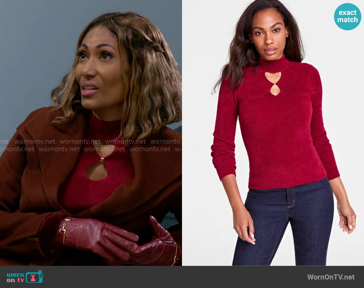 INC International Concepts Chenille Ribbed Cutout Sweater in Crimson Au worn by Dana 'Leslie' Thomas (Trisha Mann-Grant) on Beyond the Gates