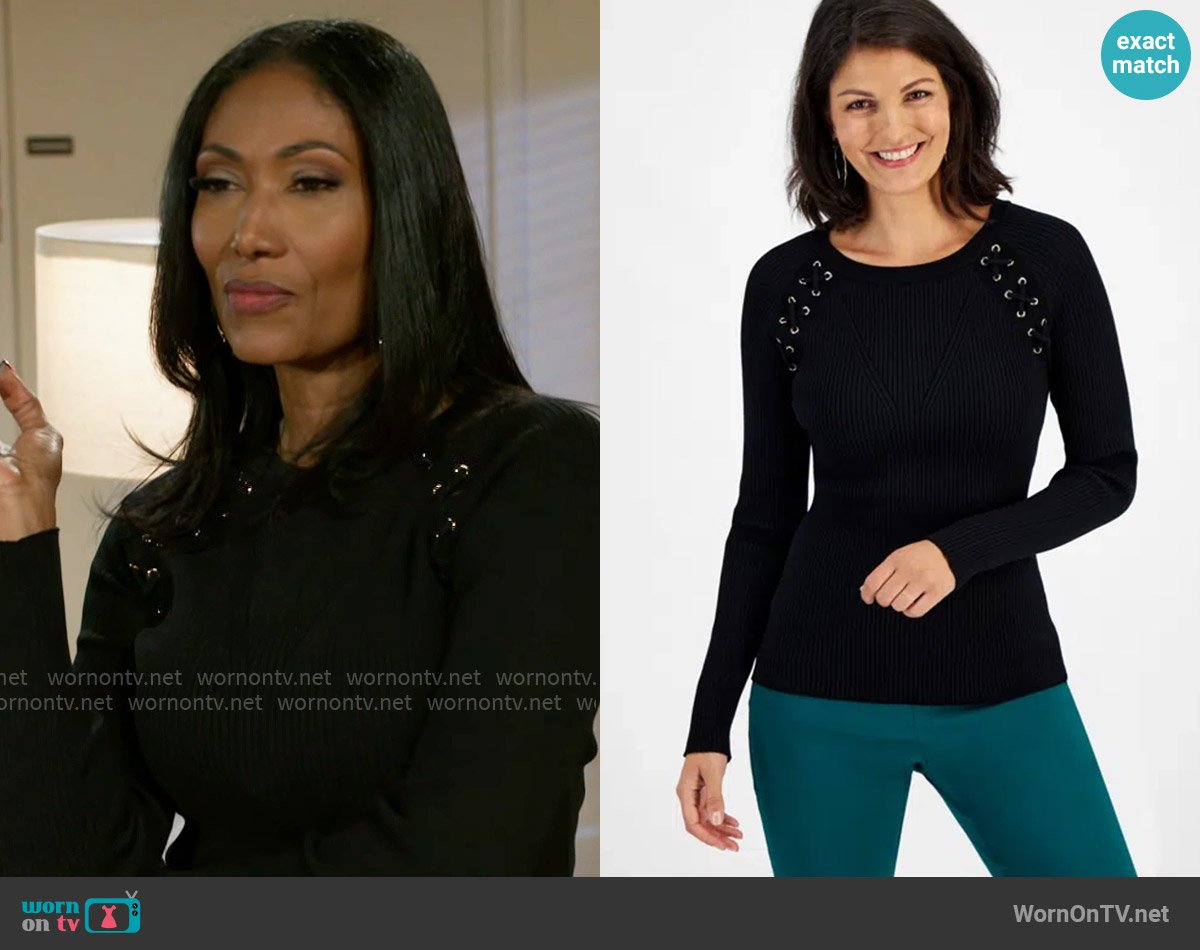 INC International Concepts Lace-Up Ribbed-Knit Sweater worn by Dana 'Leslie' Thomas (Trisha Mann-Grant) on Beyond the Gates