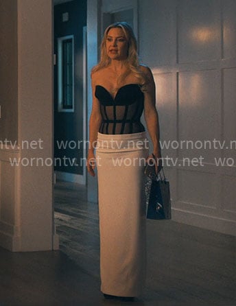 Isla's black and white strapless gown on Running Point