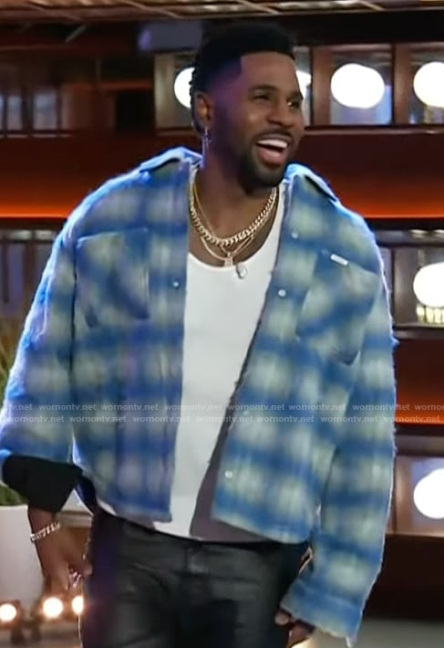 Jason Derulo’s blue check overshirt on The Kelly Clarkson Show