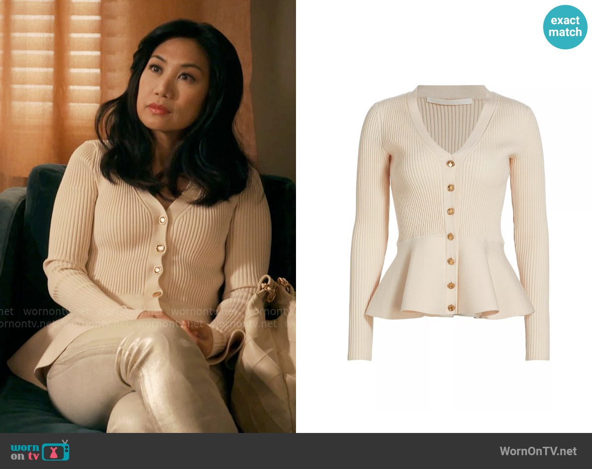 Jason Wu Rib Peplum Cardigan worn by Melody Bayani (Liza Lapira) on The Equalizer