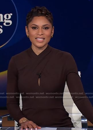 Jericka's brown cross neck sheath dress on CBS Evening News