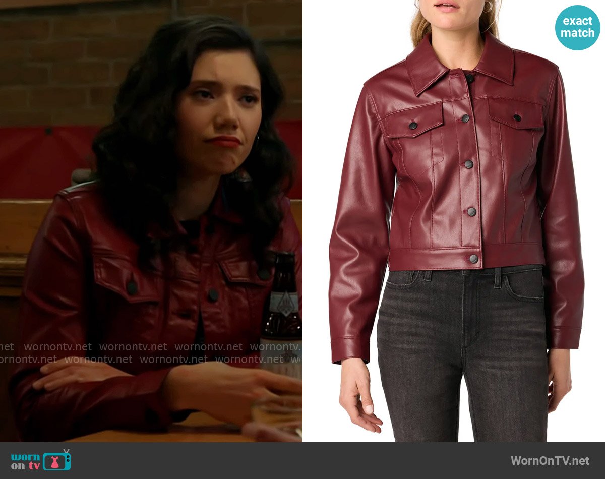 Joes Crop Faux Leather Jacket in Burgundy worn by Violet Mikami (Hanako Greensmith) on Chicago Fire