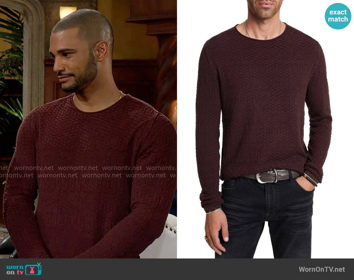 John Varvatos Riley Sweater in Plum worn by Holden Novak (Nathan Owens) on The Young and the Restless