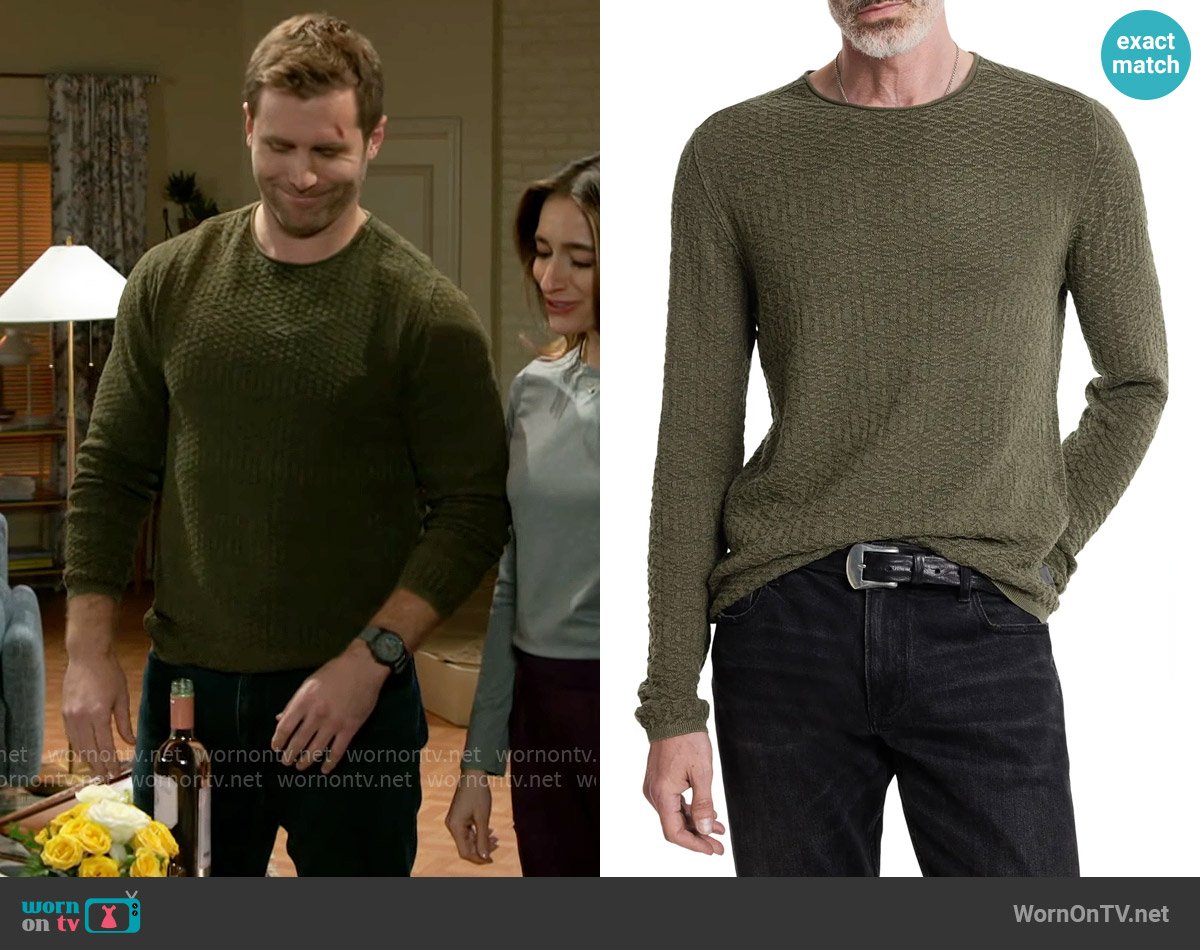 Derek’s green textured sweater on Beyond the Gates