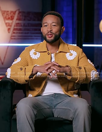 John Legend's yellow floral textured knit jacket on The Voice