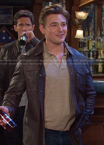 Johnny's beige polo shirt and brown leather jacket on Days of our Lives