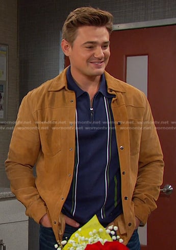 Johnny’s navy striped zip polo and suede shirt jacket on Days of our Lives