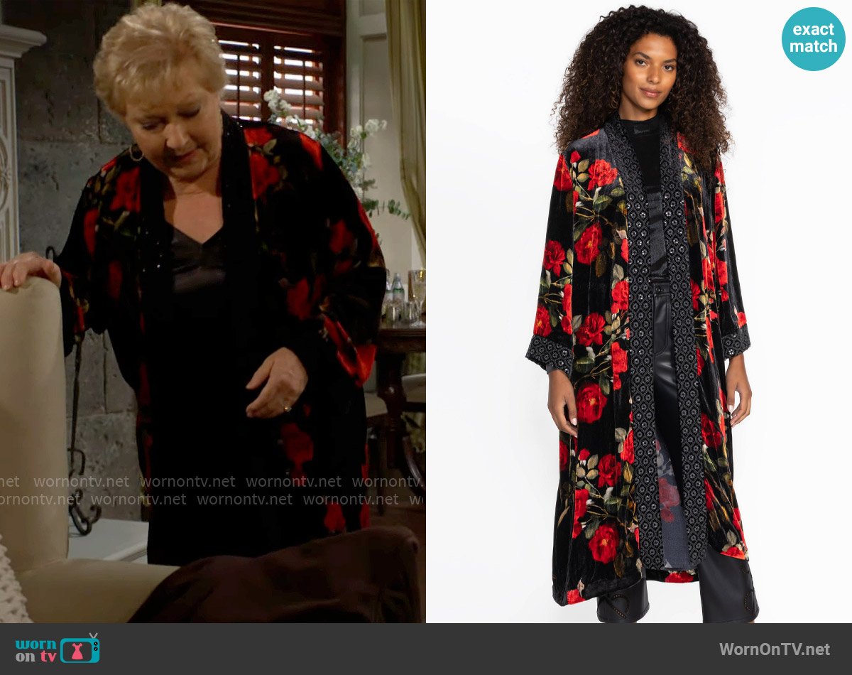 Johnny Was Velvet Kimono Coat in Rosana worn by Traci Abbott (Beth Maitland) on The Young and the Restless