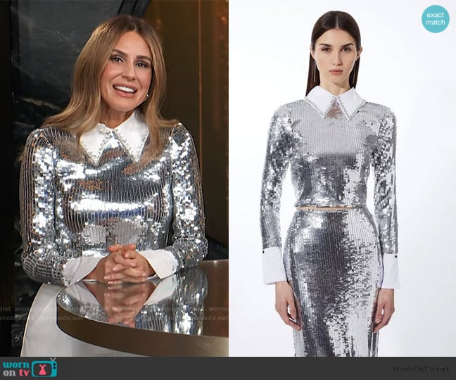 Karen Millen Sequin Woven Long Sleeve Crop Top worn by Keltie Knight on E! News