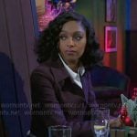 Kat's burgundy pinstripe jacket and skirt on Beyond the Gates