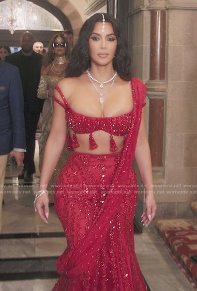 Kim’s red embellished two piece set on The Kardashians