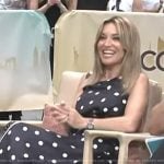 Kit’s navy mixed polka dot print belted dress on Access Hollywood