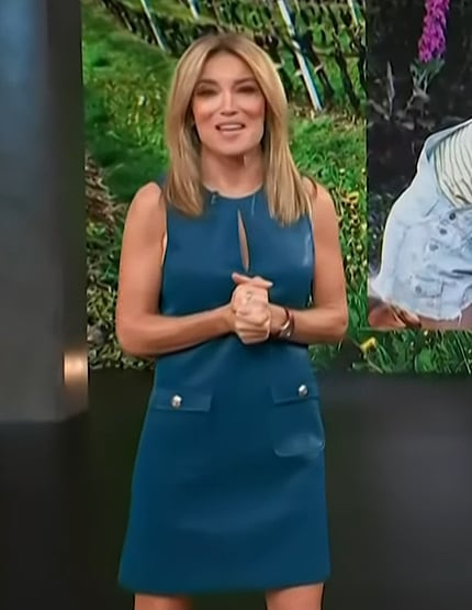 Kit’s blue leather mini dress on Access Hollywood