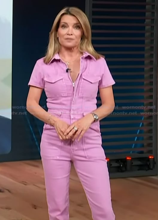 Kit's pink denim jumpsuit on Access Hollywood