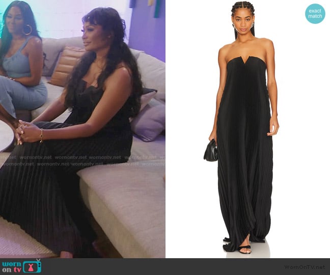 Cynthia’s black pleated strapless dress on RHOA