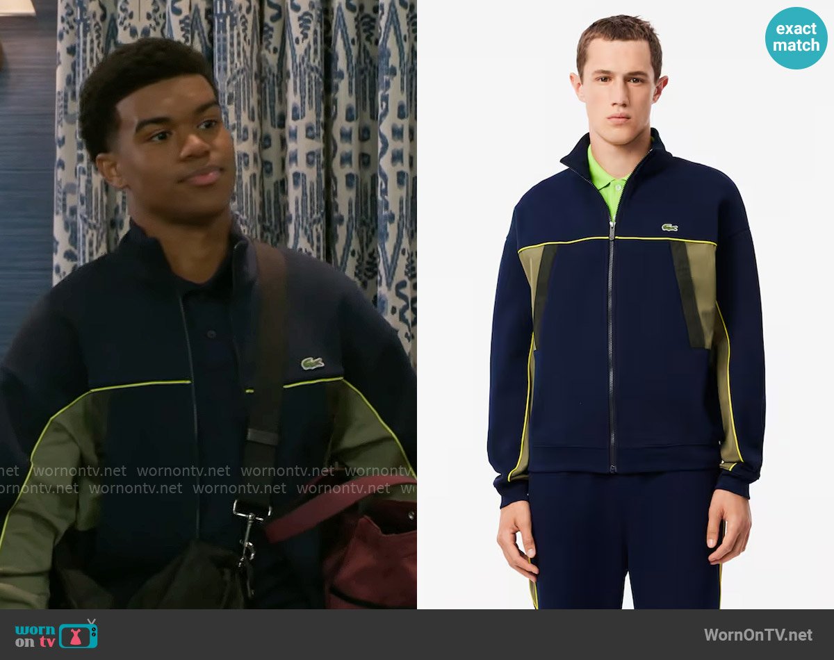 Lacoste Loose Fit Zip-Up Piqué Sweatshirt worn by Tyrell Richardson (Jaden Lucas Miller) on Beyond the Gates