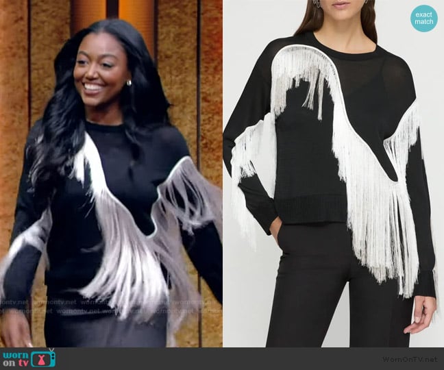 Patina Miller’s black fringe sweater on Live with Kelly