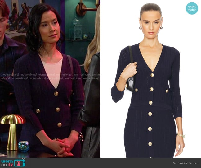 Amy Choi’s navy cardigan on Days of our Lives