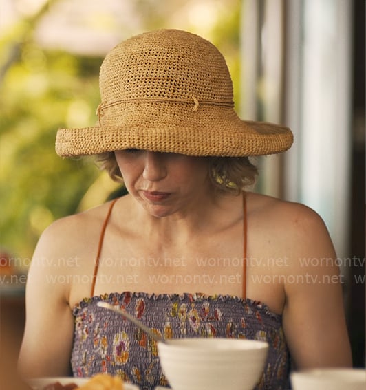 Laurie's strapless smocked dress and raffia hat on The White Lotus