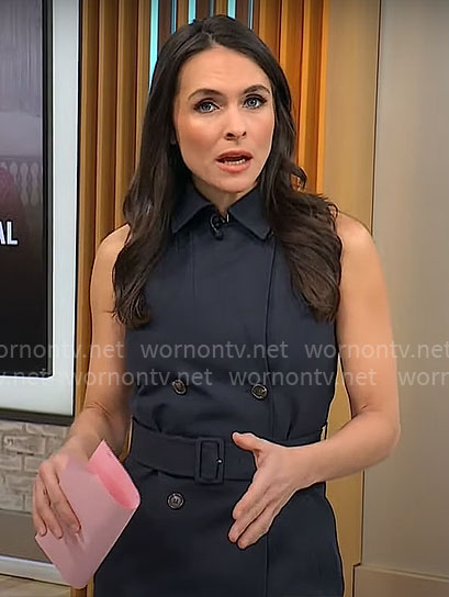 Lilia Luciano's navy sleeveless trench dress on CBS Mornings