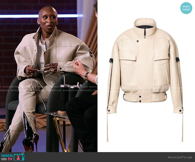 Louis Vuitton Zipper Accent Grained Leather Biker Jacket worn by Cynthia Erivo on The Voice