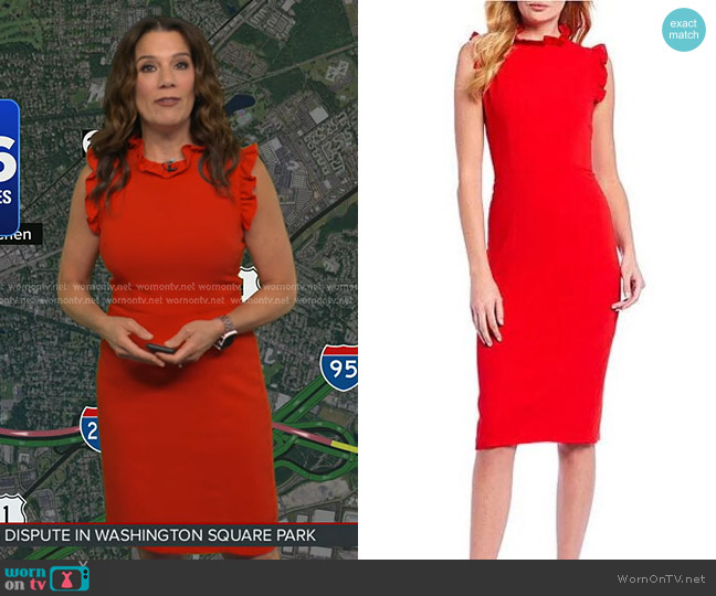 Maggy London Ruffle Mock Neck Detail Sheath Dress worn by Heather O’Rourke on Good Morning America