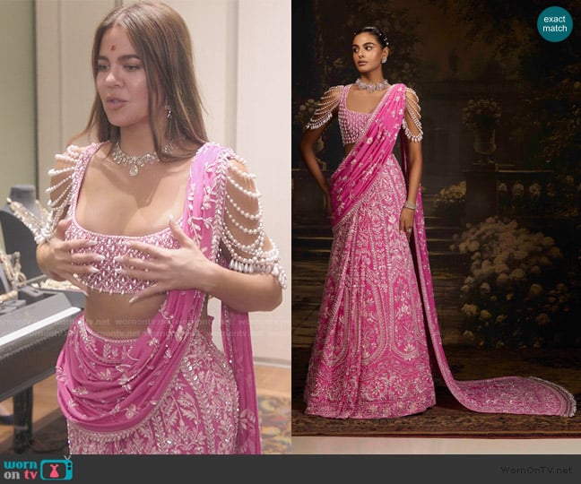 Manish Malhotra Rose Pink Chiffon Stitched Saree Set worn by Khloe Kardashian (Khloe Kardashian) on The Kardashians