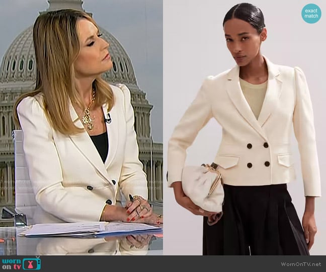 Me + Em Cotton Herringbone Fitted Short Blazer in Ecru worn by Savannah Guthrie on Today