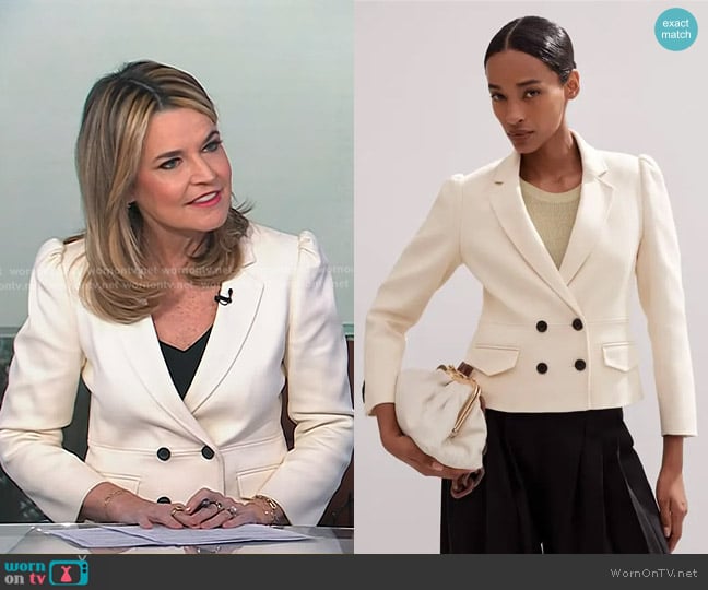 Me + Em Cotton Herringbone Fitted Short Blazer in Ecru worn by Savannah Guthrie on Today