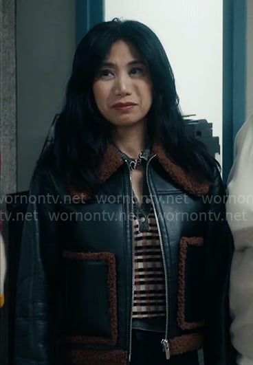 Mel's leather jacket with brown fur details on The Equalizer