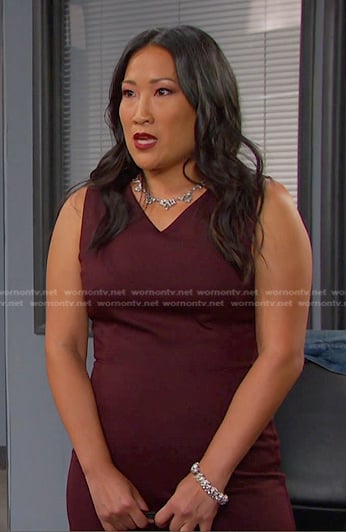 Melinda's burgundy v-neck sleeveless dress on Days of our Lives