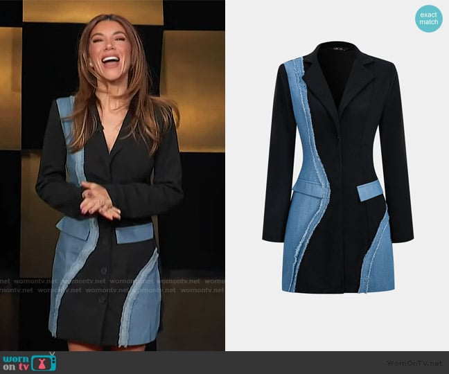 Micas Denim Patchwork Long Sleeve Blazer Suit Mini Dress worn by Adrianna Costa on Access Hollywood