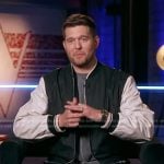 Michael Bublé’s black colorblock bomber jacket on The Voice