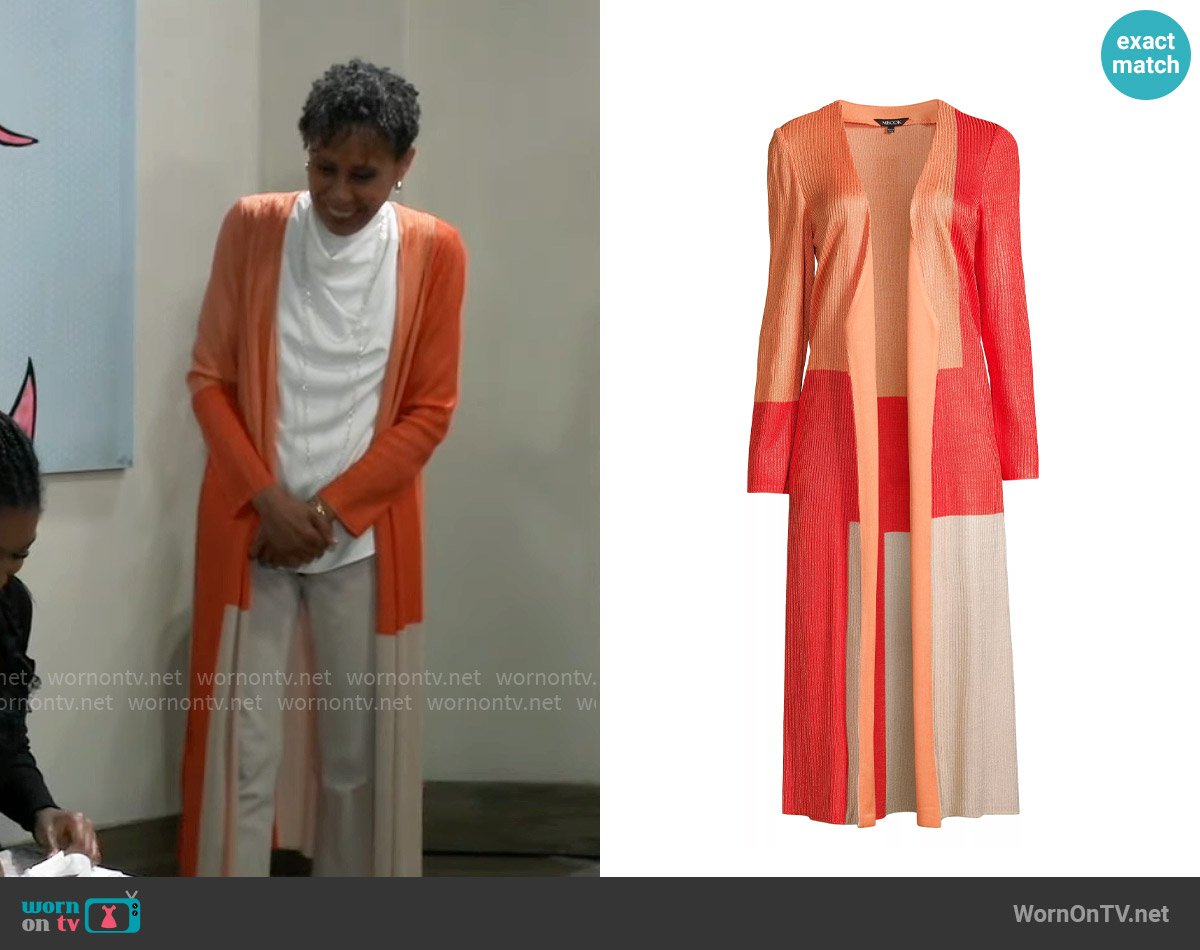 Stella’s long orange colorblock cardigan on General Hospital