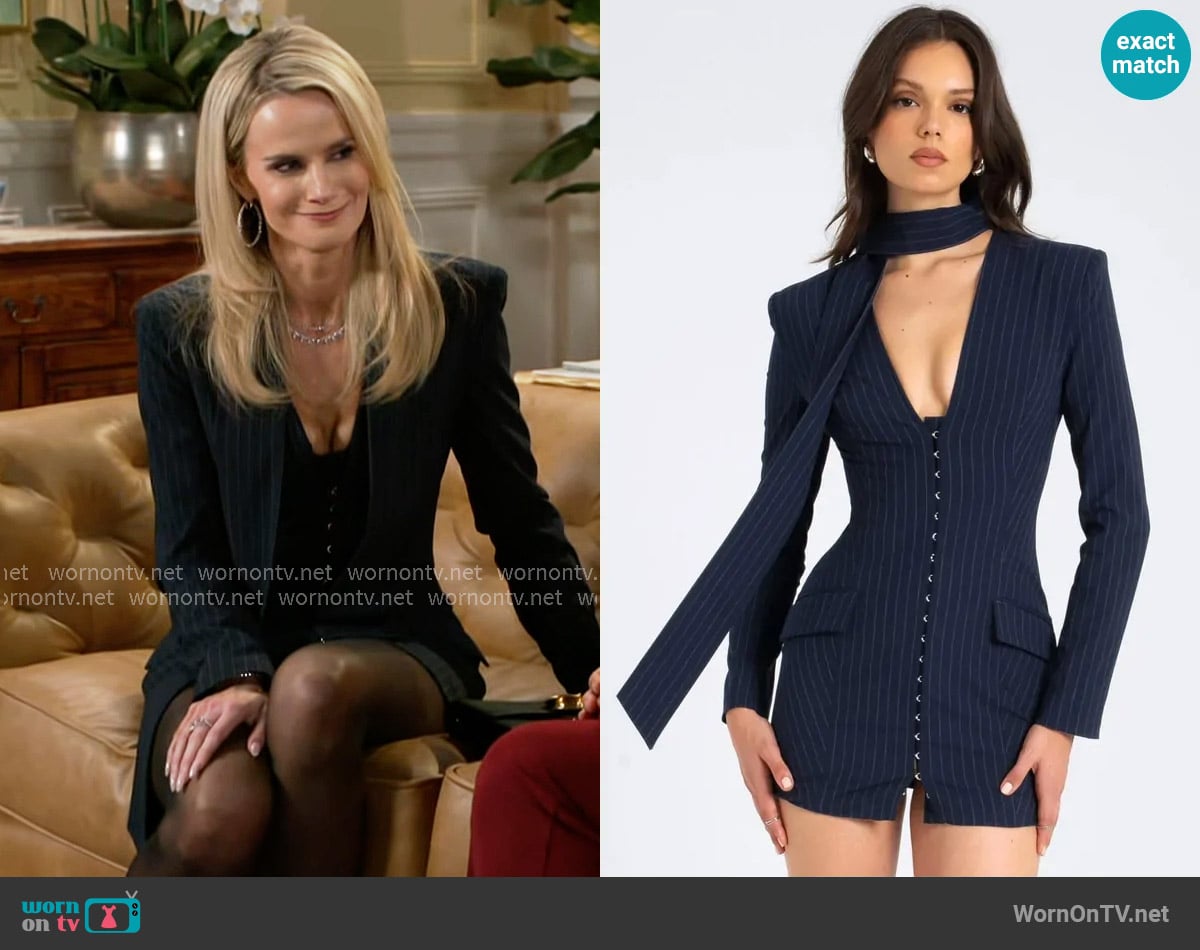 Vanessa’s navy pinstripe tie-neck dress on Beyond the Gates