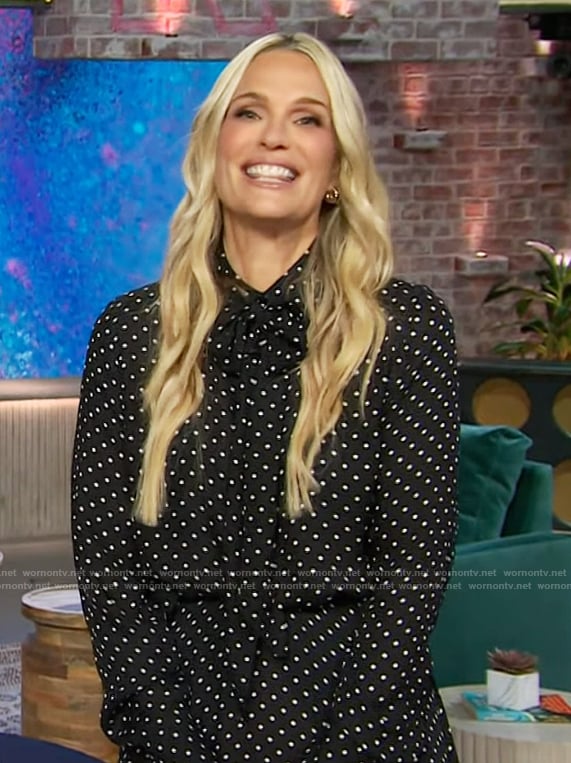 Molly Sims’s black polka dot print tie neck blouse and skirt on The Kelly Clarkson Show