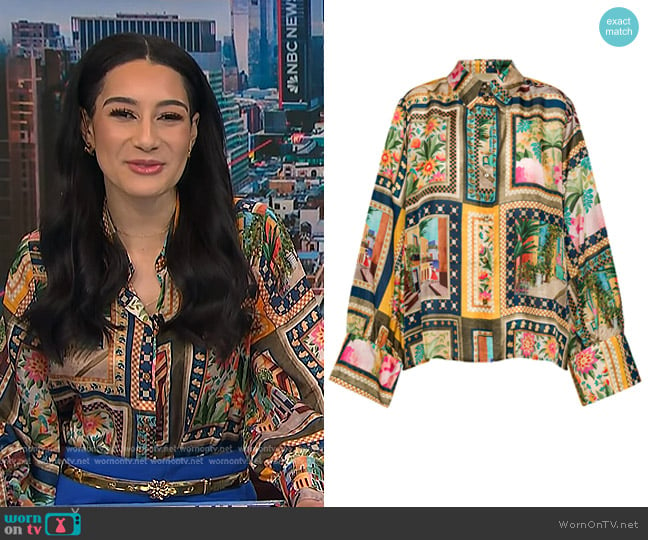 Momoni Catinga Shirt in printed habutai silk worn by Morgan Radford on NBC News Daily