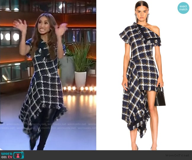 Monse Flap Shoulder Asymmetrical Tweed Dress worn by Brenda Song on The Kelly Clarkson Show